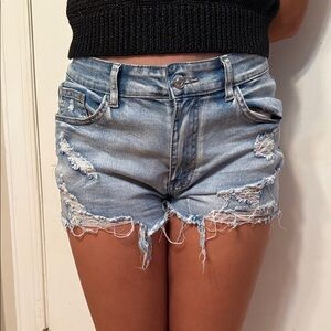 Trendy Light Blue Distressed Jean Shorts